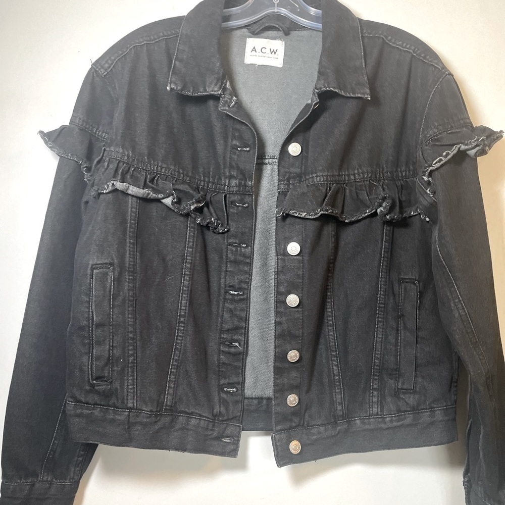 A.C.W. Ladies Black Denim Jacket with Ruffle Detail